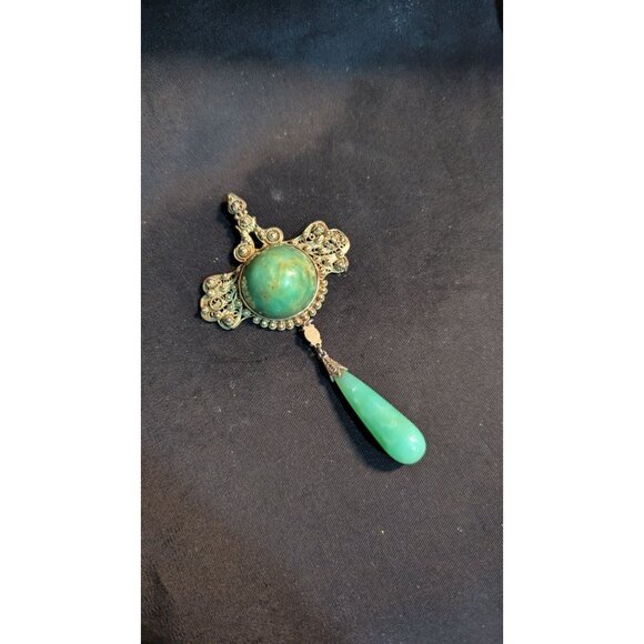 Ornate Green Stone Gold-Toned Pendant With Dangle Filigree Detailing Vintage 3" - Picture 4 of 6
